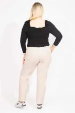 Kadın Bej Beli Kuşgözü Bağcık Ve Lastikli Yan Cepli Eşofman Alt 65N35418