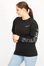 Kadın Siyah Büyük Beden Pamuklu Kumaş Kol Detaylı Sweatshirt