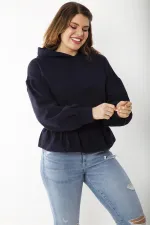 Women's Plus Size Navy Blue Inside-Red Elastic Waist Detailed Hooded Sweatshirt 65N37205