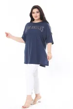 Kadın Büyük Beden Lacivert Sim Detaylı Bisiklet Yaka Yan Yırtmaçlı Kısa Kollu Bluz