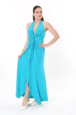 Kadın Büyük Beden Yeşil Boyundan Bağlamalı Göğüs Detaylı Elbise 65N37739