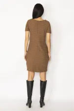 WOMEN'S BROWN SELF-STRIPED DRESS WITH POCKETS