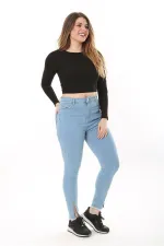 Kadın Büyük Beden Mavi Yüksek Bel Yırtmaçlı Dar Paça Likralı Kot Pantolon 65N37606