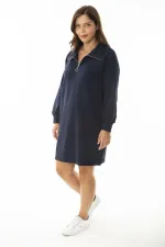Kadın Büyük Beden Lacivert Ön Pat Fermuarlı Dik Yakalı Sweatshirt Elbise 65N36968