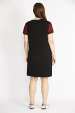 Kadın Siyah Büyük Beden Kol Ve Cepleri Desenli Tül Detaylı V Yakalı Elbise