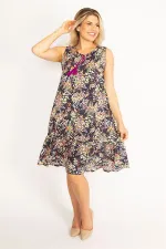 Kadın Lacivert Dokuma Viskon Kumaş Etek Ucu Katlı Elbise 65N34438