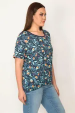 KADIN KEMİK PAMUKLU KUMAŞ BİSİKLET YAKALI ETEK UCU LASTİKLİ ÇİÇEK DESENLİ BLUZ