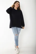 Women's Plus Size Navy Blue Relaxed Cut Side Slit Hooded Sweatshirt 65N37200