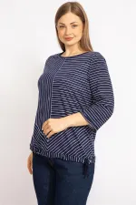 Kadın Lacivert Büyük Beden Pamuklu Kumaş Çizgi Kombinli Bluz 65N35571