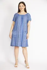 Kadın Mavi Büyük Beden Yakası Lastik Detaylı Ön Cepli Elbise