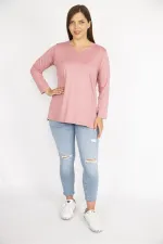 Kadın Somon Büyük Beden V Yakalı Yan Yırtmaçlı Uzun Kollu Bluz