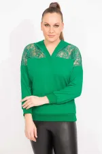 Kadın Saks Robası Dantel Ve Kapşon Detaylı Kanguru Cepli Sweat Shirt 65N35463