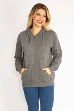 Kadın Gri Sırtı Çift Fermuar Ve Çıtçıt Düğme Ve Ön Fermuarlı İçi Şardonlu Sweatshirt 65N35069