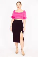 Kadın Fujya Büyük Beden Yaka Ve Kolu Lastik Detaylı Scuba Kumaç Crop