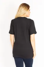 Women's Black Crew Neck Basic Blouse 65N35424