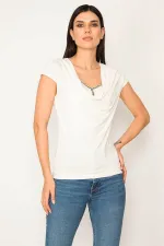 Kadın Kemik Taş Detaylı Düşük Yakalı Bluz