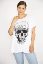 Kadın Büyük Beden Beyaz Taş İşli Bisiklet Yakalı Likralı Bluz