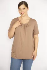 Kadın Camel Büyük Beden Yaka Pileli Ön Cepli Bluz