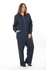 Kadın Büyük Beden Lacivert Ön Fermuarlı 4 Cepli Arka Bel Kemeri Lastikli Kot Tulum 65N37573