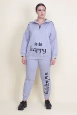 Kadın Gri Pat Fermuar Detaylı Şardonlu Baskılı Eşofman Takım 65N21019