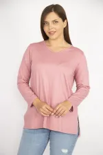 Kadın Somon Büyük Beden V Yakalı Yan Yırtmaçlı Uzun Kollu Bluz