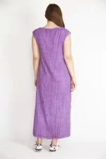 Kadın Eflatun Büyük Beden Dantel Detaylı V Yaka Yan Yırtmaçlı Keten Elbise