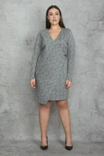 KADIN GRİ EKOSE DESENLİ BEL DETAYLI ANVELOP ASTARLI ELBİSE