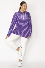 Kadın Mor Ön Pat Fermuarlı Kuşgözü Ve Bağcık Detaylı Kapşonlu Çizgili Tunik 65N28699