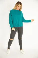 Kadın Yeşil Büyük Beden Reglan Kol Etek Ucu Kuşgözü Bağcıklı Sweatshirt 65N35790