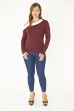 Kadın Büyük Beden Bordo Kuşgözü Ve Biye Detaylı Bluz 65N36965