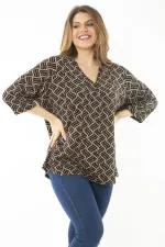 Kadın Büyük Beden Kahve Yaka Pileli Kapri Kollu Bluz 65N37147