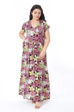 Kadın Büyük Beden Renkli Anvelop Yakalı Uzun Elbise 65N38584