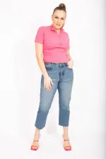 Kadın Mavi Büyük Beden Yıkama Efektli Paçası Pis Dikişli Bilek Boy 5 Cep Kot Pantolon