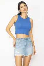 KADIN MAVİ YIRTIK DETAYLI YANI ŞERİTLİ 5 CEP MİNİ KOT ETEK