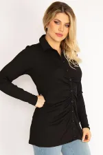 Kadın Siyah Ön Düğmeli Büzgü Detaylı Likralı Bluz 65N34856