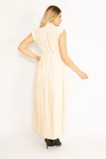 KADIN PUDRA  ETEĞİ VE KOL AĞZI PİLİSE DETAYLI ÖN DÜĞMELİ ELBİSE