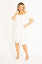 Delikiş Nakışlı Dokuma Viskon Kumaş Astarlı Yaka Ve Kol Ağzı Lastikli Etek Ucu Katlı Elbise