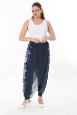 Kadın Büyük Beden Lacivert İçi Viskon Pantolonlu Şifon Anvelop Görünümlü Şalvar   65N37631