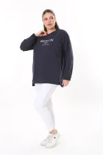 Women's Plus Size Navy Blue Ribbed Inside Slit Sweatshirt 65N37716