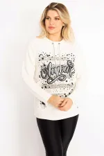 Kadın Kemik Yakası Kuşgözü Bağcıklı Taş Ve Baskı Detaylı Sweatshirt 65N34993