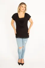 Kadın Pembe Yaka Ve Etek Ucu Dantel Detaylı Düşük Yakalı Bluz 65N34531