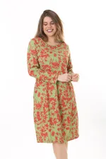 Kadın Büyük Beden Yeşil Organik Koton Kumaş Kup Detaylı Uzun Kollu Elbise 65N37626