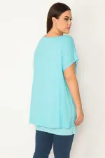 KADIN MAVİ İÇİ ÇİZGİLİ ATLETLİ DÜŞÜK KOLLU BLUZ