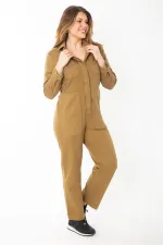 Women's Khaki Front Hidden Snap Button Pocket Denim Overalls 65N37370