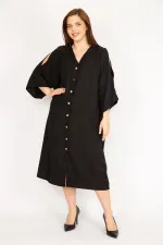 Kadın Camel Büyük Beden Omuz Dekolteli Ön Düğmeli Elbise