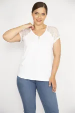 Kadın Beyaz Büyük Beden Pamuklu Kumaş Ön Pat Fermuarlı Kolları Dantel Bluz