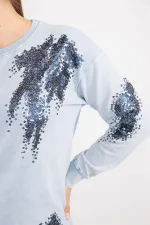 Kadın Mavi Büyük Beden Payet Detaylı Sweatshirt