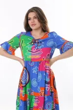 Kadın Büyük Beden Mavi Dokuma Viskon Kumaş Kısa Kollu Katlı Elbise 65N37762