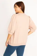 Kadın Pudra Omuz Büzgü Detaylı Kapri Kol Sweatshirt 65N34802