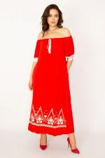 Kadın Kırmızı Karmen Yaka Nakış Ve Püskül Detaylı Uzun Elbise 65N33437